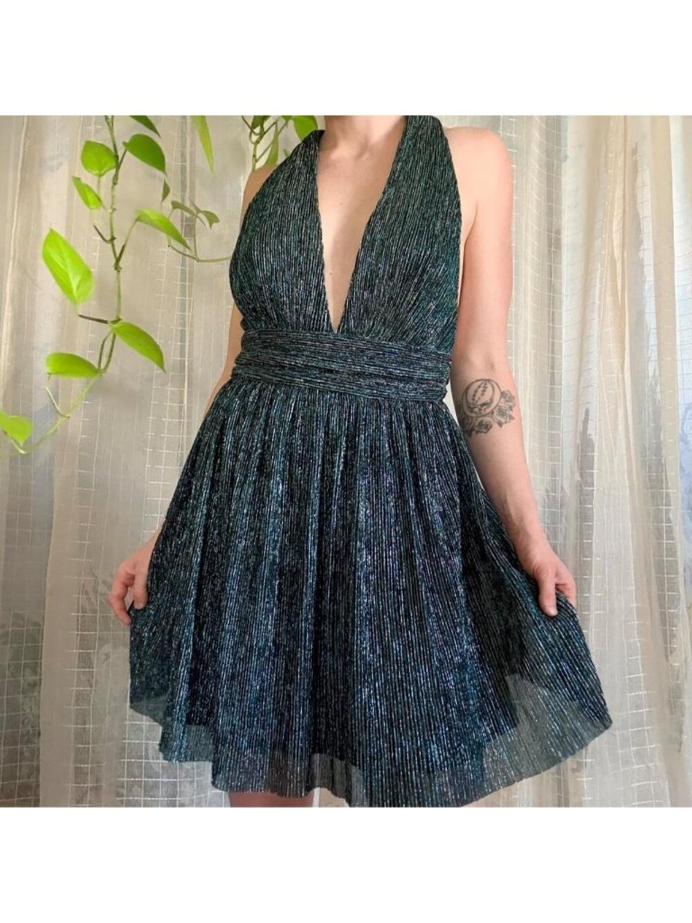 Blue-Green Metallic Deep V Party Dress